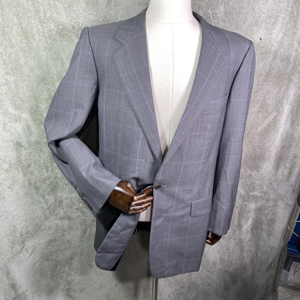 Gieves &‎ Hawkes Blazer Sport Coat Mens 43 Long Gray Wool Windowpane Savile Row